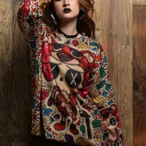Womens Pullover Sweater Small Beige Red Stretch Crew Neck Print Bear Dolls Relax